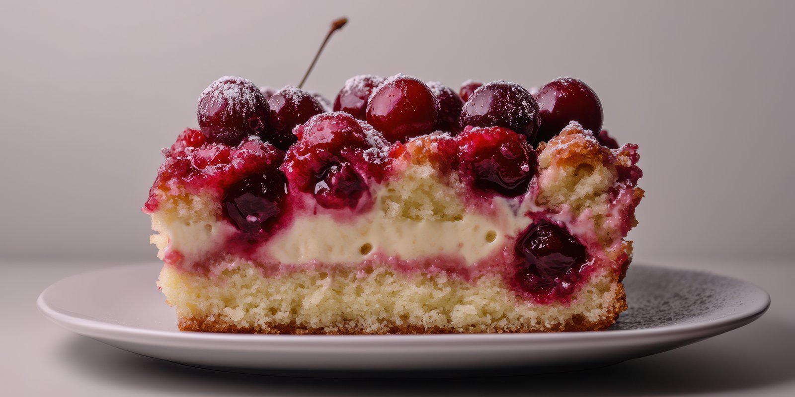 Sliced cherry cake with cream filling on a simple white plate showcasing fresh cherries on top